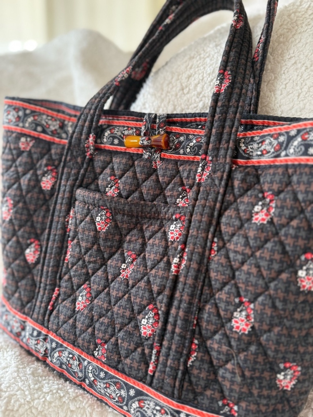 Y2K Vintage Vera Bradley Toggle Tote Bag Brown Houndstooth pre 2006 - Picture 3 of 7